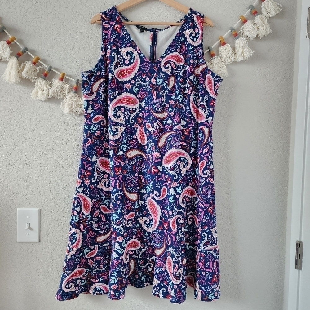 Talbots Plus Paisley Blue Pink V-neck Sleeveless Flowy Knee Length Dress Boho 1x